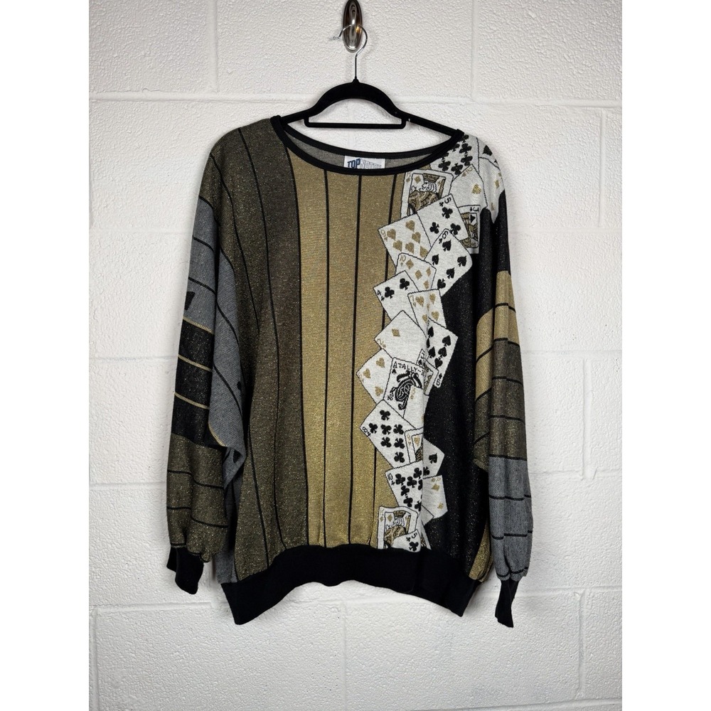 Vintage Metallic 80s Nightlife Clubwear Batwing Sweater Top Notch Card Queen
